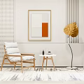 Wooden Lounge Chair with Small Round Side Table Abstract Painting Orange White Golden Leaf Decor