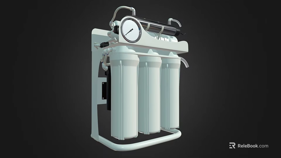 Public Facility Water Purification System With Three Filters And Pressure Gauge 3d model 