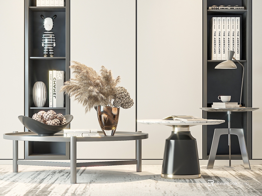 Elegant Modern Coffee Table With Marble Top Decorative Vase Dried Flowers Books And Side Shelf 3d model 
