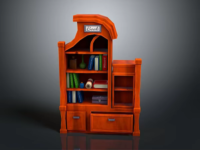 Orange Bookcase with Multiple Shelves Books Bottles and Top Sign Displaying Books 3d model