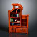 Orange Bookcase with Multiple Shelves Books Bottles and Top Sign Displaying Books