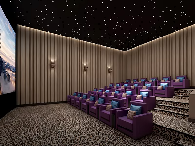 Luxury Cinema Interior With Starry Ceiling Wooden Walls And Purple Comfortable Stepped Seats 3d model