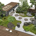 Japanese Style Courtyard Garden With Pine Trees Stones Moss Stone Lanterns And Wooden Deck