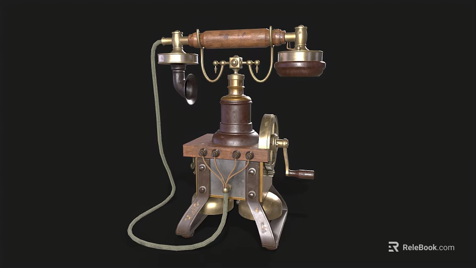 Retro Vintage Telephone Design With Wooden Handle Brass Rotary Dial And Metal Base 3d model 