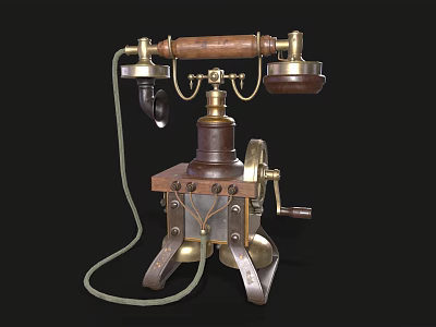 Retro Vintage Telephone Design With Wooden Handle Brass Rotary Dial And Metal Base 3d model