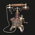 Retro Vintage Telephone Design With Wooden Handle Brass Rotary Dial And Metal Base
