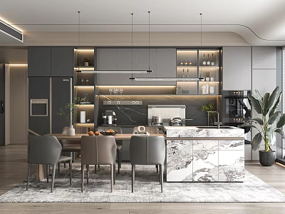 Modern Restaurant Interior Featuring Open Kitchen With Marble Island And Dining Chairs 3d model