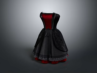 Elegant Black And Red Dress With Lace Trim And Fitted Waist Design 3d model