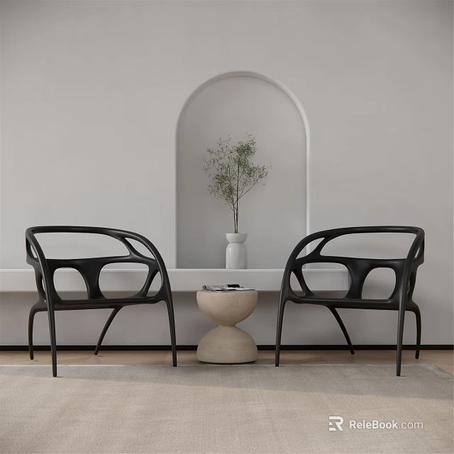 Modern Interior Table and Chairs Set With Black Chairs Small Round Table Arched Wall Plant 3d model