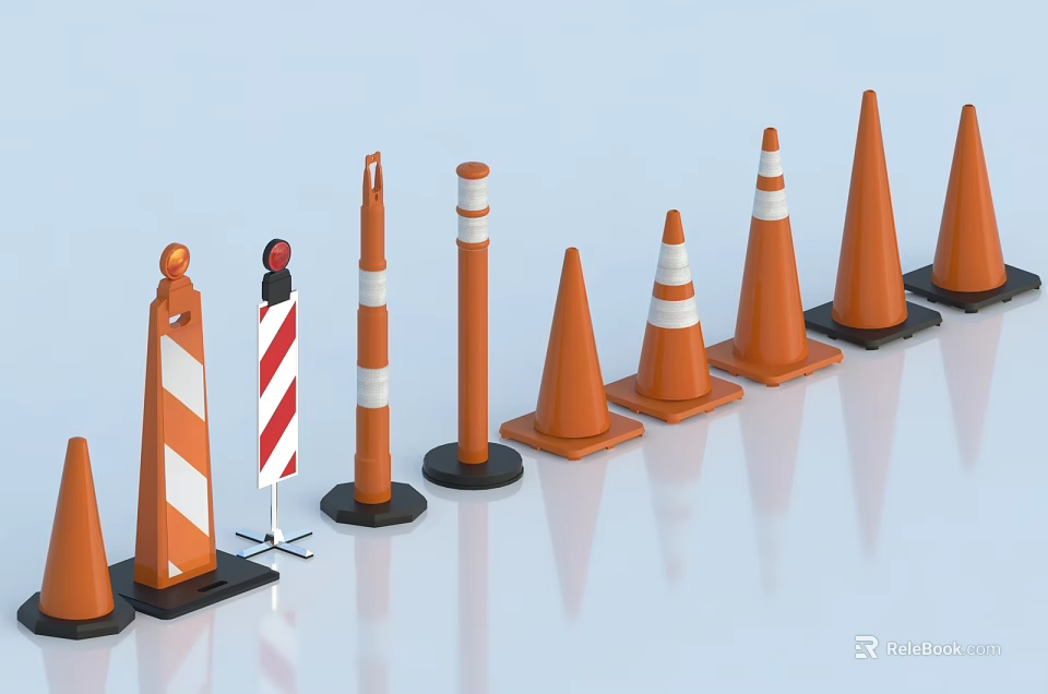 Road Traffic Safety Facilities With Orange Cones Striped Posts And Barriers 3d model