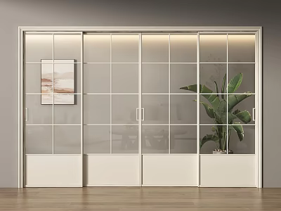 White Grid Glass Sliding Doors In Modern Interior With Indoor Plant 3d model