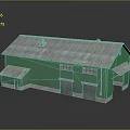 Exterior View Of Green Warehouse With Double Garage Doors And Metal Roof