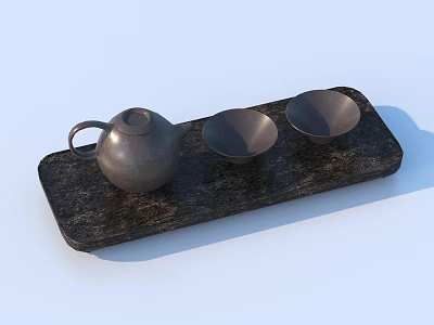 Elegant Metallic Tea Set With Teapot Two Cups On Dark Stone Tray 3d model