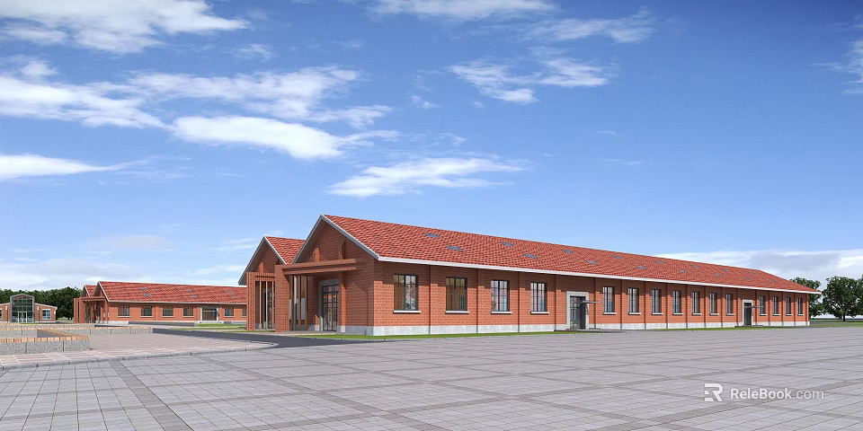 Red Brick Industrial Plant With Red Roof Single Story Windows Spacious Square Under Blue Sky 3d model 