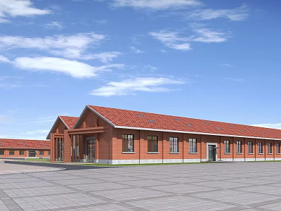 Red Brick Industrial Plant With Red Roof Single Story Windows Spacious Square Under Blue Sky 3d model