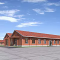 Red Brick Industrial Plant With Red Roof Single Story Windows Spacious Square Under Blue Sky