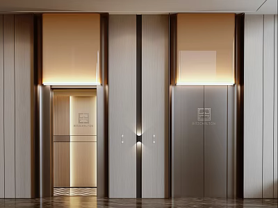 Modern Elevator Hallway With Two Sleek Doors Warm Lighting And Wooden Panels 3d model