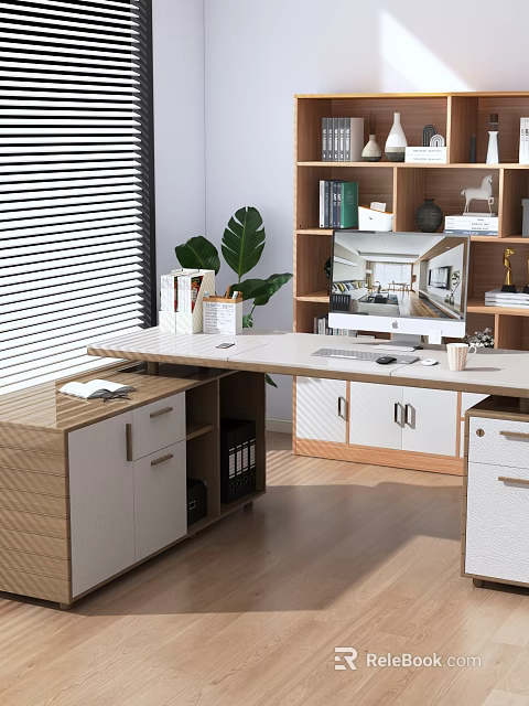 Modern Office Desk With Window Blinds Green Plant Bookshelf And Computer Monitor 3d model 