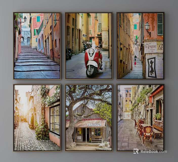 European Street Landscape Paintings Featuring Colorful Buildings Vintage Scooter Cobblestone Paths And Cafe Settings 3d model 