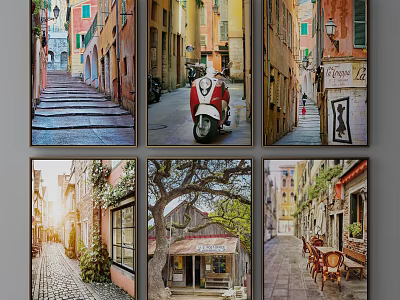 European Street Landscape Paintings Featuring Colorful Buildings Vintage Scooter Cobblestone Paths And Cafe Settings 3d model