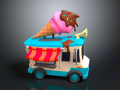 Pink Ice Cream Cone With Chocolate Drizzle On Colorful Ice Cream Truck 3d model