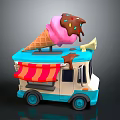 Pink Ice Cream Cone With Chocolate Drizzle On Colorful Ice Cream Truck