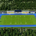 Outdoor Sports Stadium With Green Grass Field Running Track And Athletes Training For Fitness