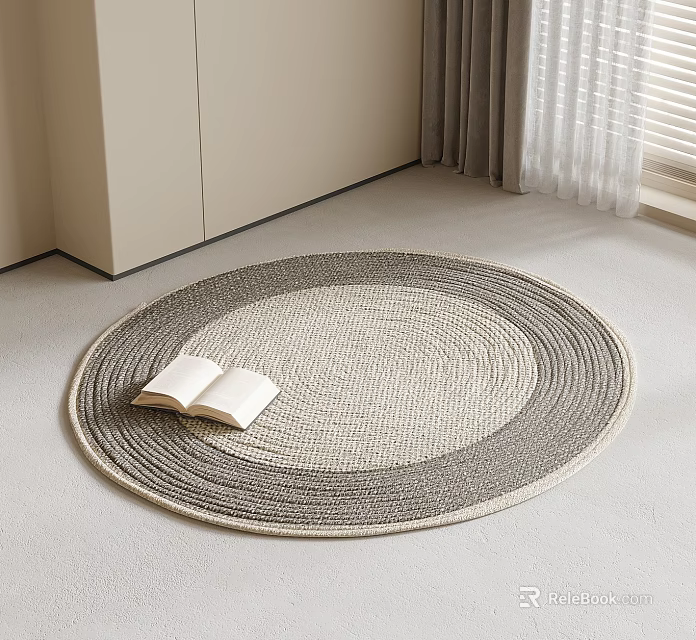 Woven Round Rug with Light Gray Beige Tones and Open Book in Minimalist Interior Room 3d model 