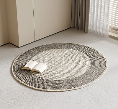 Woven Round Rug with Light Gray Beige Tones and Open Book in Minimalist Interior Room 3d model