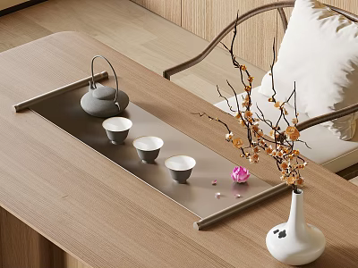 Minimalist Tea Set with Teapot Cups on Silver Tray Wooden Table White Vase Flower Branches 3d model