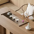 Minimalist Tea Set with Teapot Cups on Silver Tray Wooden Table White Vase Flower Branches