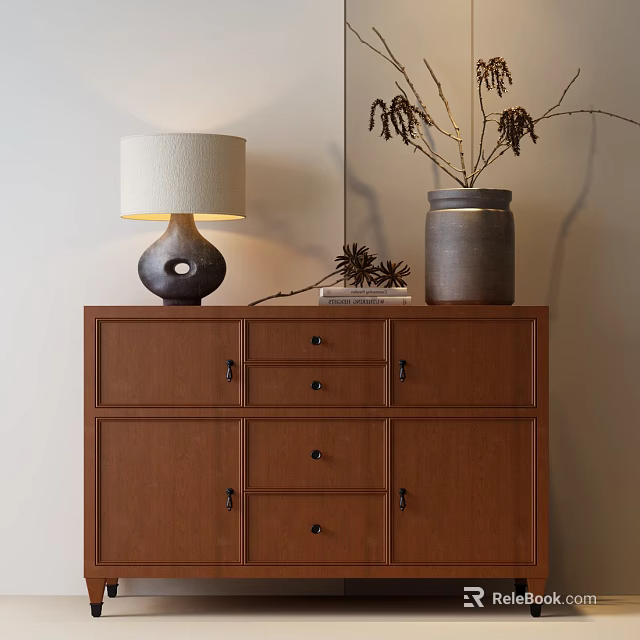 Brown Wooden Dresser With Drawers And Table Lamp Vase On Top 3d model 