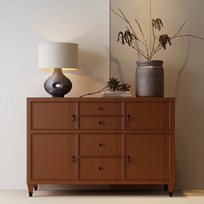 Brown Wooden Dresser With Drawers And Table Lamp Vase On Top 3d model