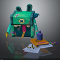 Cute Green Rabbit Shaped Backpack With Stationery Colored Pencils Notebook And Papers