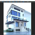 Modern Design Detached Villa with Large Glass Windows Black Railing Balconies and White Exterior