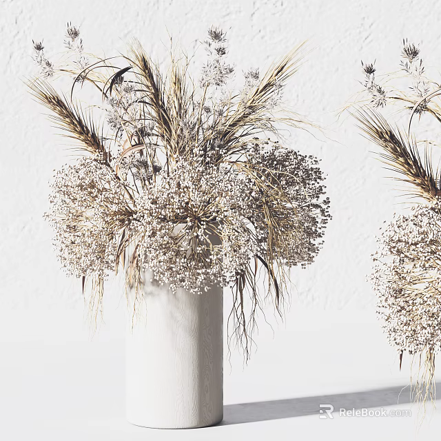 Minimalist White Vase With Dried Wheat Stems And Baby's Breath Flowers For Home Decor 3d model 