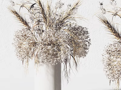 Minimalist White Vase With Dried Wheat Stems And Baby's Breath Flowers For Home Decor 3d model