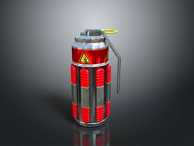 Military Grenade Weapon Design With Silver Body Red Stripes Yellow Pin And Warning Sign 3d model