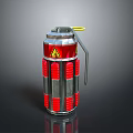 Military Grenade Weapon Design With Silver Body Red Stripes Yellow Pin And Warning Sign
