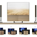 Sleek Modern TV With Wooden Stand Column Speakers And Natural Landscape Screen
