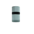 Silver Cylindrical Container With Red White Striped Logo And Metallic Finish