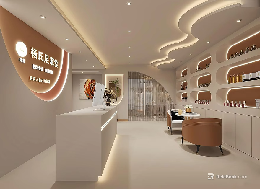 Modern Beauty Salon Hair Styling With White Reception Counter Curved Ceiling And Product Shelves 3d model 