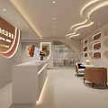Modern Beauty Salon Hair Styling With White Reception Counter Curved Ceiling And Product Shelves