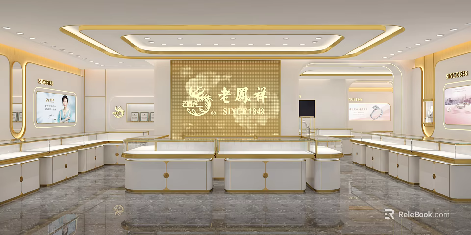 Luxury Jewelry Store Interior With Elegant Display Counters And Gold Decor Elements 3d model