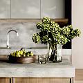 Decorative Ornament Set With Green Hydrangea Wooden Bowl Pears And Glass Cup On Kitchen Countertop