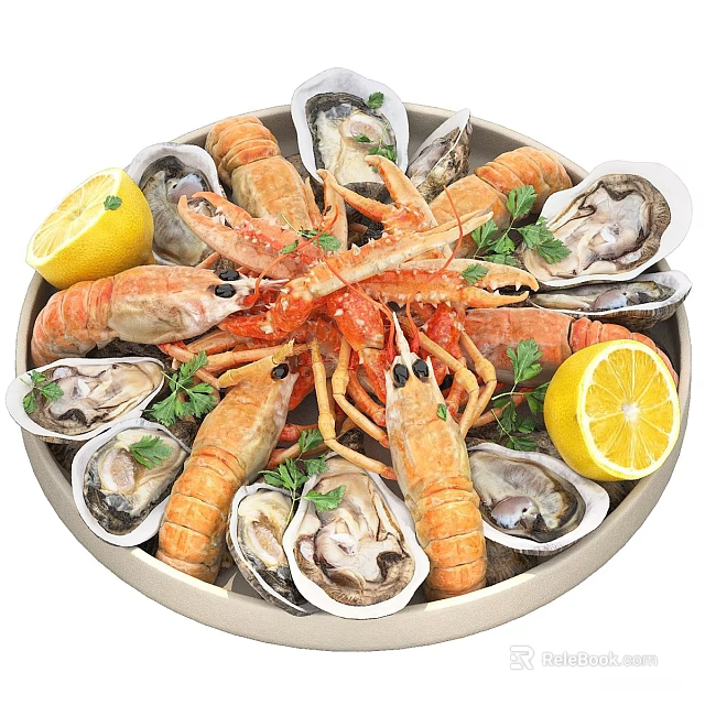 Fresh Seafood Platter with Lobster Oysters Lemon Slices and Parsley Garnish 3d model 