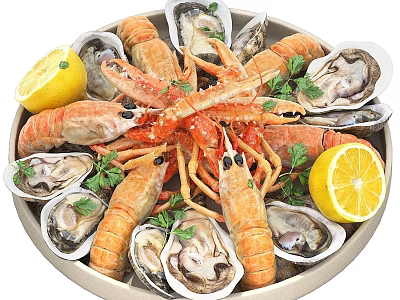 Fresh Seafood Platter with Lobster Oysters Lemon Slices and Parsley Garnish 3d model