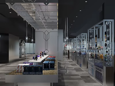 Modern Shopping Mall Retail Store With Glass Shelves Product Display And Lighting Fixtures 3d model