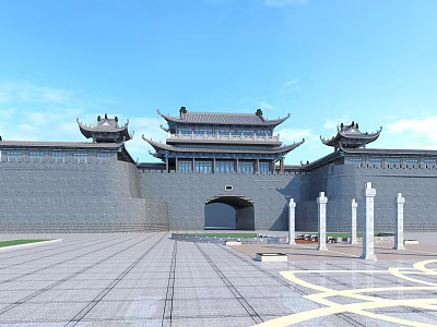 Ancient Architecture With Traditional Chinese Roof Gray City Walls Arched Gate and Stone Square 3d model