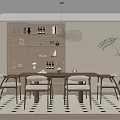 Modern Restaurant Interior With Wooden Dining Table Chairs Wine Rack Green Plant And Geometric Rug